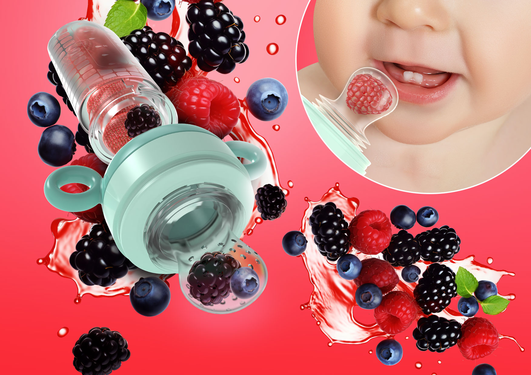 dziecko jedzące malinkę za pomocą Neno Gusto